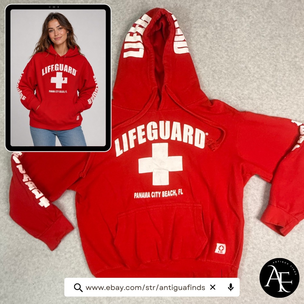 Lifeguard Hoodie Panama City Beach FL Red Graphic Sweatshirt Medium Womens
